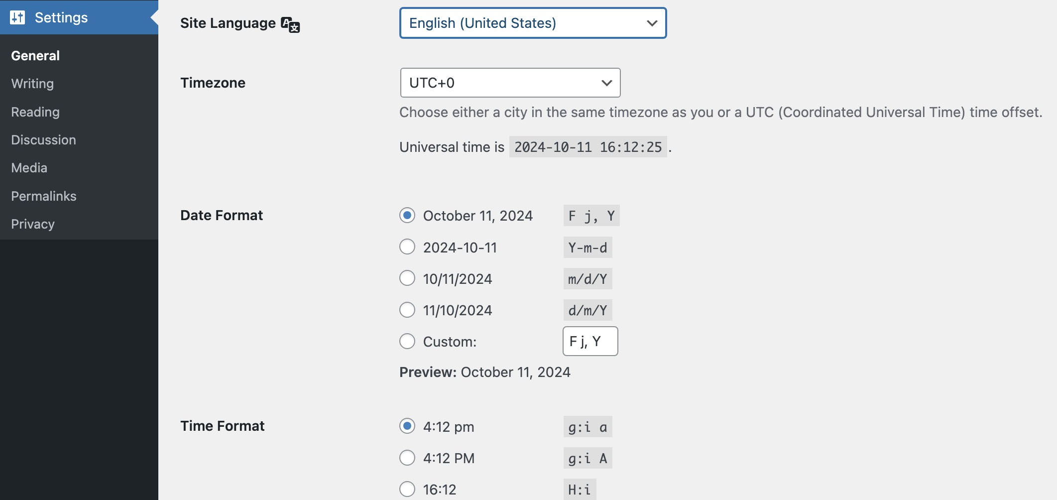 WordPress localizing settings