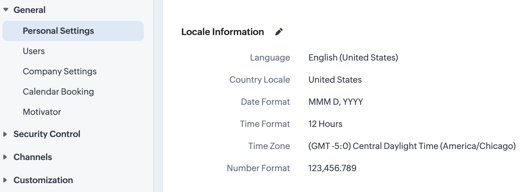 ZOHO CRM locale settings